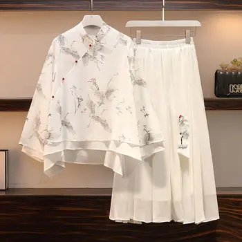 Čínsky Štýl Hanfu Šaty Pre Ženy Lete Šifón Moderné Plus Veľkosť 5XL Biele Sukne Nastaviť Kroji Šaty Dvoch-dielny Oblek