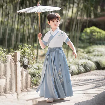 Deti Blue Dragon Výšivky Hanfu Tradičnej Čínskej Orientálna Deti Tang Vyhovovali Ročníka Folk Dance Deti Kostýmy