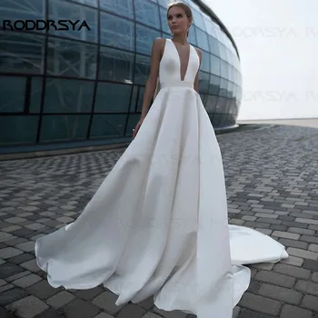 Sexy Hlboko V Krku Backless A-Line Weddding Šaty 2021 Klasické Jednoduché, Elegantné Nové Arriva Saténové Svadobné Šaty vestidos de novia