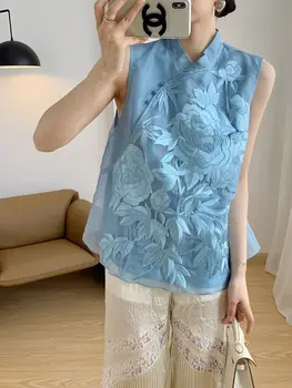 2023 jar leto nová čínska ťažký priemysel výšivky tričko bez rukávov žena výšivky tlačidlo top lady vest tangsuits vesta