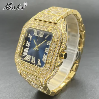 Hip Hop Úplne Nové Módne Hodinky Pre Mužov Luxusné 18K Zlata Modrý Štvorec Náramkové hodinky Vodotesné AAA Moissanite Šperky Muž Hodiny Hot