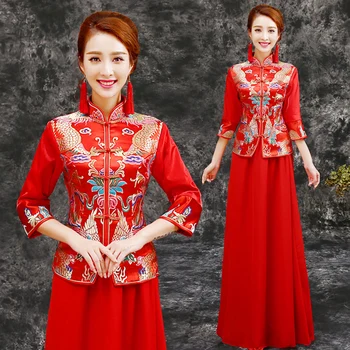1set/veľa Čínsky štýl žena červená cheongsam šifón satin qipao nastaviť damašku, polovičný rukáv výšivky cheongsam
