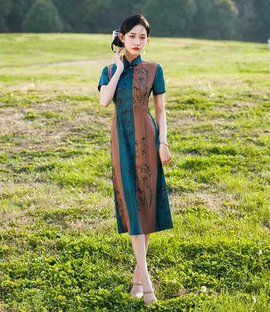 Letné Retro Mandarin Golier Sexy Vytlačené štítky na Jacquardove Satin A-Line Cheongsam ženské Ručné Tlačidlá Qipao Čínsky Denné Šaty
