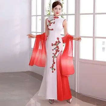 Sexy Satin Čínske Šaty Šaty Žien Biela Veľkosť Slim Qipao Dlho Flitrami Večierok Morská Víla Cheongsam Elegantné Vestidos