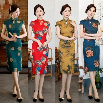 Sexy Vytlačené Saténovým Strednej Dĺžky Cheongsam Orientálne Šaty Čínske Ženy Drop Golier Qipao