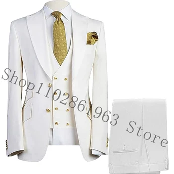 Elegantné Biele Svadobné Obleky Pre Mužov Sako Nohavice 3 Kusy Formálne Groomsmen Ženích Svadobné Tuxedos Kostým Homme Mariage