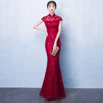 Žena Retro Orientálna Slim Dlho Morská Víla Cheongsam Čínsky Štýl Vintage Qipao Toast Oblečenie Elegantné Svadobné Party Šaty