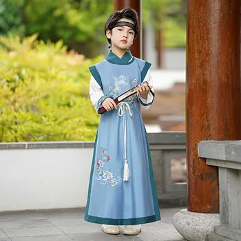 Jar Deti Boys Blue Bird Výšivky Hanfu Čínskom Štýle Retro Šaty Tang Vyhovovali Deti, Orientálne Oblečenie