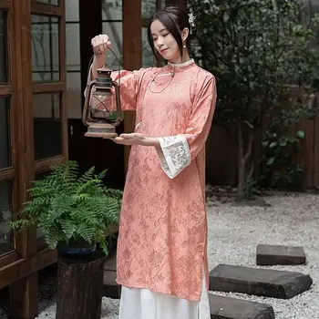 Jeseň Elegantné Ružový Satén Žakárové Dlho Puzdre Cheongsam Šaty dámske Oblečenie Čínsky Štýl, Čaj Šaty Vietnamskej Šaty Qipao