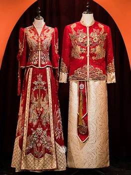 Pár Skvelých Phoenix Výšivky Vziať Oblečenie Čínsky Štýl, Nevesta Svadobné Šaty Vintage Flitrami Lištovanie Qipao