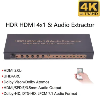 HDMI Switch 4x1 4Kx2K 60Hz SPDIF Toslink Digital 5.1 HDMI, 7.1 Audio Výstup HDR UHD ARC 4 V 1Out HDMI Audio Converter Extractor