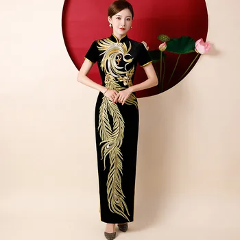 Yourqipao Pódium Cheongsam Dlho Výkon Oblečenie Cheongsams Nový Zlatý Velvet Čínsky Štýl, Ženy, Matky, Večerné Šaty