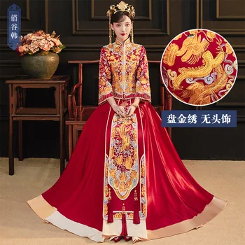 Retro Nádherné Dragon Phoenix Výšivky Cheongsam Čínsky Pár Svadobný Oblek Elegantné Nevesta Vziať Šaty китайская одежда