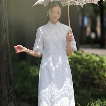 2022 Bavlnené Šaty Čínskej Tradičnej Qipao Ženy Šaty Biele Pevné Farebné Výšivky Slim Sukne Vintage Cheongsam Elegantné