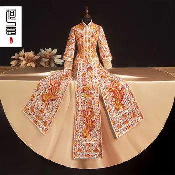 Tradičné Svadobné Šaty Čínske Ženy Cheongsam Phoenix Výšivky Orientálna Toast Oblečenie Vestido