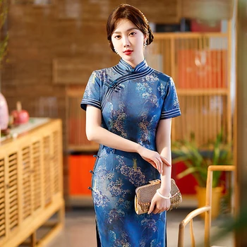 Yourqipao 2023 Letné Dlhé Vysokej Štrbinou Modrá Cheongsam Lepšiu Slim Banquet Kvet Qipao Tradičné Čínske Oblečenie pre Ženy