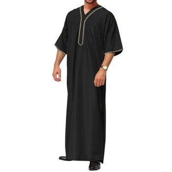 Islamský arabčina Kaftan Mužov Polovica Rukáv Pevné Farby V Krku Moslimské Oblečenie Voľné Bežné Blízkom Východe Dubaj Jubba Thobe Plus Veľkosť 5XL