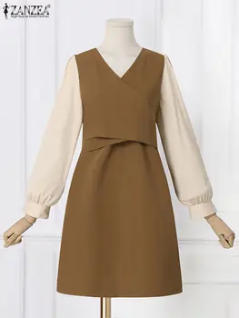 ZANZEA Ženy Kravatu Späť Zábal Šaty Lístkového Rukáv OL Bežné Farby Blok Mini Šaty tvaru Elegantné kórejský Móda Krátkych Vestidos
