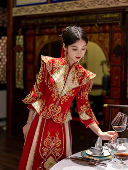 Čínsky Štýl, Nevesta Kostým Orientálna Marrige Nastaviť Ženy Cheongsam Strapce Qipao Nádherné Výšivky Svadobné Šaty
