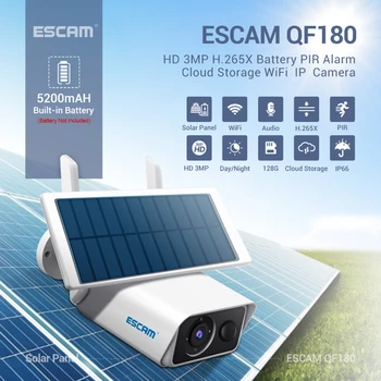 ESCAM QF180 H. 265 3MP bezdrôtový PIR detektor Pohybu noc verzia Ukladací priestor typu Cloud, Twoway audio 128G Solárne Batérie Fotoaparátu, IP66