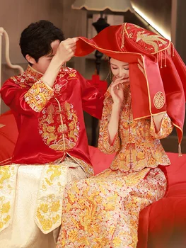 Čínsky Štýl, Svadobné Šaty Cheongsam Manželstva Vyhovovali Orientálna Nevesta Toast Oblečenie Vintage Dragon a Phoenix Výšivky Qipao