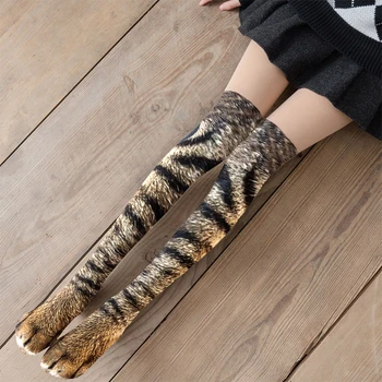 Nové Kreatívne Zvierat Nohy Vytlačené Ženy Nad Kolená Ponožky Kreslených Mačka, Tiger Pazúr Dámy 3D Tlač Legrační Zviera Vysoké Ponožky