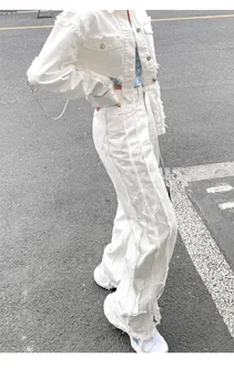Rovnou nôh nohavice Harajuku farbou vytlačené nohavice y2k teplé vrecko veľkosti vysoký pás biely streetwear retro vintage tlačidlá