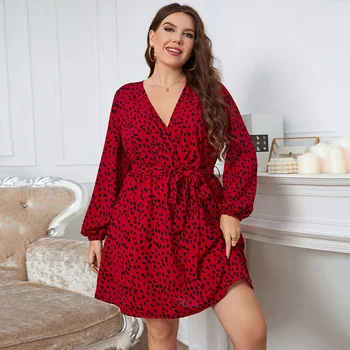 Nadrozmerné Ženy Oblečenie Elegantný Mini Šaty Červené Lístkového Rukáv V Krku Bežné Elegantné Škvrnitá Kvetinový Tlač Šaty Y2k Vintage Vestido