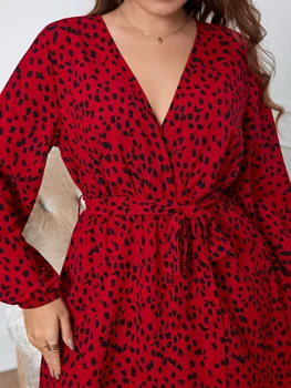 Nadrozmerné Ženy Oblečenie Elegantný Mini Šaty Červené Lístkového Rukáv V Krku Bežné Elegantné Škvrnitá Kvetinový Tlač Šaty Y2k Vintage Vestido