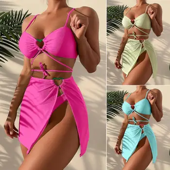 3ks/Set dámske Plavky Vyhovovali Popruhy s Sukne Kože-touch Sexy Pohodlné plážové oblečenie Polyester Farbou Žien Plavky Plážové Acce