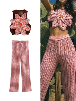 2023 Ženy 3D Kvetinovým Pletené Nohavice Domov Sady Letných Duté Von Bežné Krátke Vesta Topy Vysoký v strede zúžený Rovné Nohavice Sleepwear