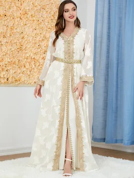 Elegantné a Ležérne Oblečenie Abayas Lady Moslimských 2-dielna tvaru Vyšívané Zlatom Čipky Pás Župan De Luxe Soiree