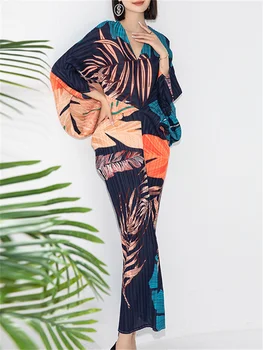 Miyake Móda Tlačené Skladaný Šaty pre Ženy tvaru Dlhé Batwing Rukávy High-End Šaty Elegantné Oblečenie 2023 Nové Šaty