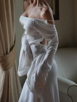 Biele Dlhý Rukáv Pletené Plážové Šaty Ženy Sexy Backless Slim Maxi Šaty Letné Módy Obväz Dovolenku Šaty Oblečenie 2023