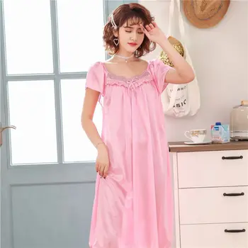 Dámske Hodvábne Voľné Nightdress Krátky Rukáv Skladaný Farbou Nightgown Tvaru Bowknot Výšivky, Čipky Matka