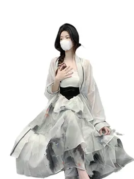 Čínske Tradičné Oblečenie Biely Atrament Tlačené Podväzkové Šaty Cardigan Nastaviť na Jar a na Jeseň dámske Oblečenie