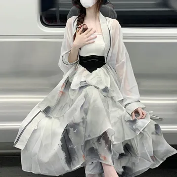 Čínske Tradičné Oblečenie Biely Atrament Tlačené Podväzkové Šaty Cardigan Nastaviť na Jar a na Jeseň dámske Oblečenie