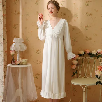 Jeseň Sleepwear Bavlna, Dlhý Rukáv, Dlhé Sukne Vintage Francúzskej Čipky Sexy Pyžamo Súd Princezná Domov Zariadené Noc Šaty Ženy