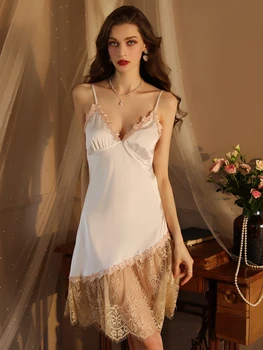 2023 Nové dámske Sexy Mini Nightgown Saténová Bielizeň Čipka Košieľka Sleepwear Nightdress Hlboké V Pyžamo Nighties Domáce Oblečenie