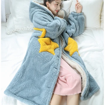 Fleece Kapucňou Rúcha Pyžamo Ženy Župan Lady Hviezda Župane Načechraný Teplý Odev Cartoon Zahustiť Kimono Mäkké Sleepwear