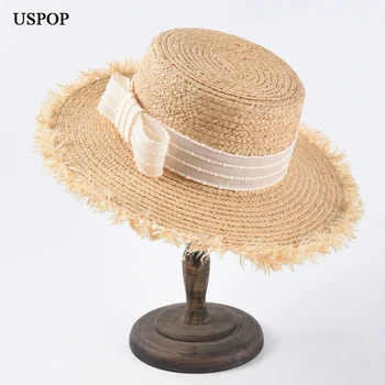 USPOP Módne letné čiapky pre ženy raffia široký okraj slnka klobúky ostré hrany flat top luk pláži čiapky
