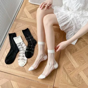 Móda Nové Lolita Transparentné Bavlnené Ponožky Sey Roztomilé Čierne Sexy Biele Sklo, Hodváb Ponožky Letné Tenké Japonský dámske Ponožky