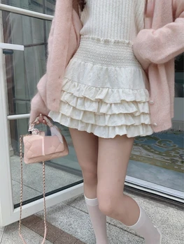 Y2k Estetické Kawaii Čipky Tenký Mini Sukne Ženy Sexy Skladaný Vysoký Pás Sukne Lete Kórejský Módne Elegantné Krémové Sladké Faldas