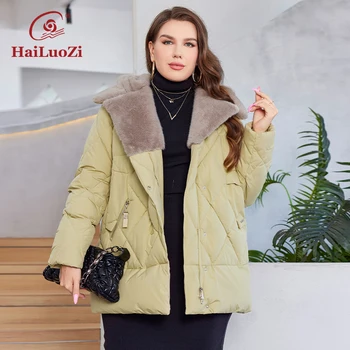 HaiLuoZi 2023 Nové dámske Zimné Bundy Plus Veľkosť Krátky s Kapucňou S Kožušinkou Elegent Prešívanie Dizajn, Veľké Vrecká Ženy Coats 1163