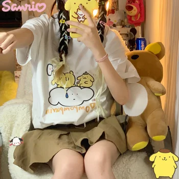 Kawaii Sanrio Pompompurin Dievčatá T-shirt Lete Komiksu, Anime, Voľná-Krátke rukávy Topy Ležérny Štýl JK Nosenie Študent T-shirt