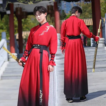 Hanfu Mužov je Červená Farba Gradient Veľké Veľkosti Elegantné Staroveký Čínsky Štýl Jar Cosplay Oblečenie