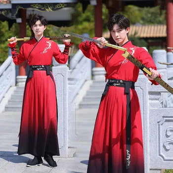 Hanfu Mužov je Červená Farba Gradient Veľké Veľkosti Elegantné Staroveký Čínsky Štýl Jar Cosplay Oblečenie