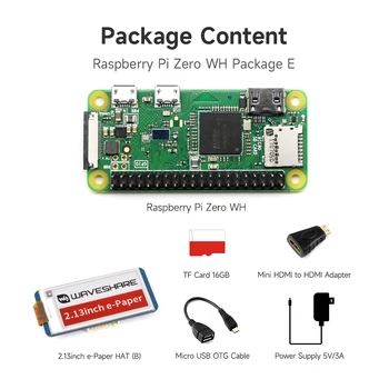 Raspberry Pi Nula WH (Vstavané WiFi, Pre-Spájkované Hlavičky) Kit Typ E, Micro SD Kariet, Napájací Adaptér, 2.13 palec E-Papier KLOBÚK