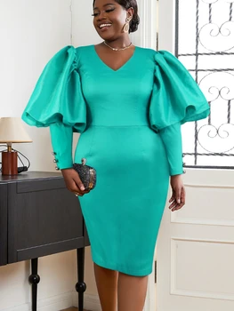 Zelená Midi Party Šaty Pre Ženy V Krku Dlho Latern Rukáv Tlačidlo Bodycon Plášte Afriky Formálne Príležitosti Elegantné Prípade Prom Šaty