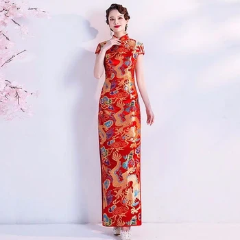 Čínske Šaty Červené Tlač Qipao Plus Veľkosť High-End 2023 Sexy Cheongsam Šaty Cosplay Party Orientálne Šaty Čína Oblečenie